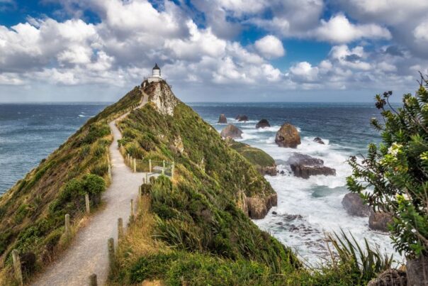 Pad bij Catlins naar de vuurtoren bij Nugget Point met de zee erachter