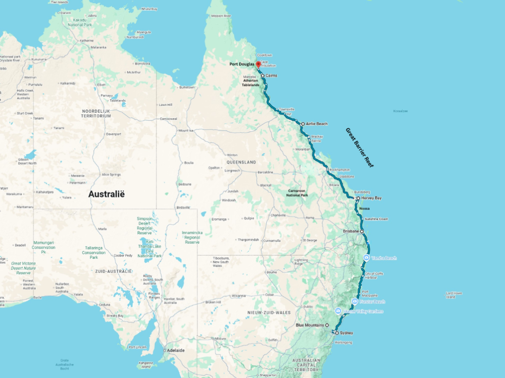Routekaart Sydney-Cairns Oostkust Australië