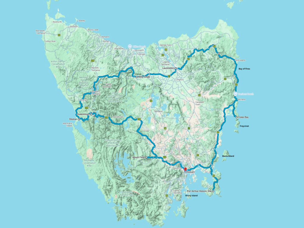 Kaart waarop de route voor de rondreis door Tasmanië getekend is