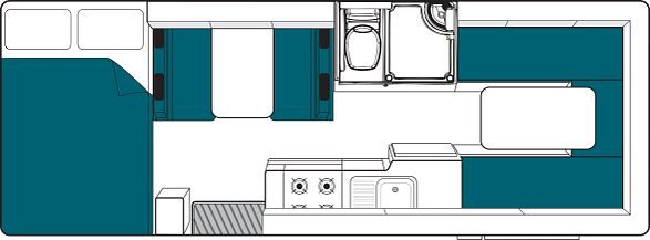 Floorplan dag van de Maui Beach camper met vast bed in de alkoof