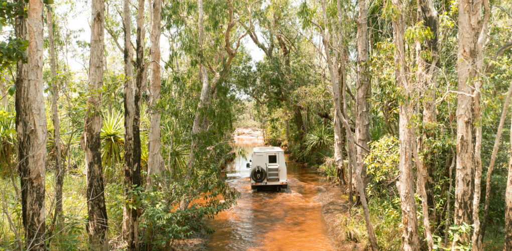 Met de 4WD camper een spannende rit door een rivierbedding tussen de bomen