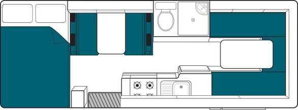Floorplan dag van de Maui River camper met vast bed in de alkoof, een tafel met twee bankjes in het midden van de camper en een grote zithoek achterin