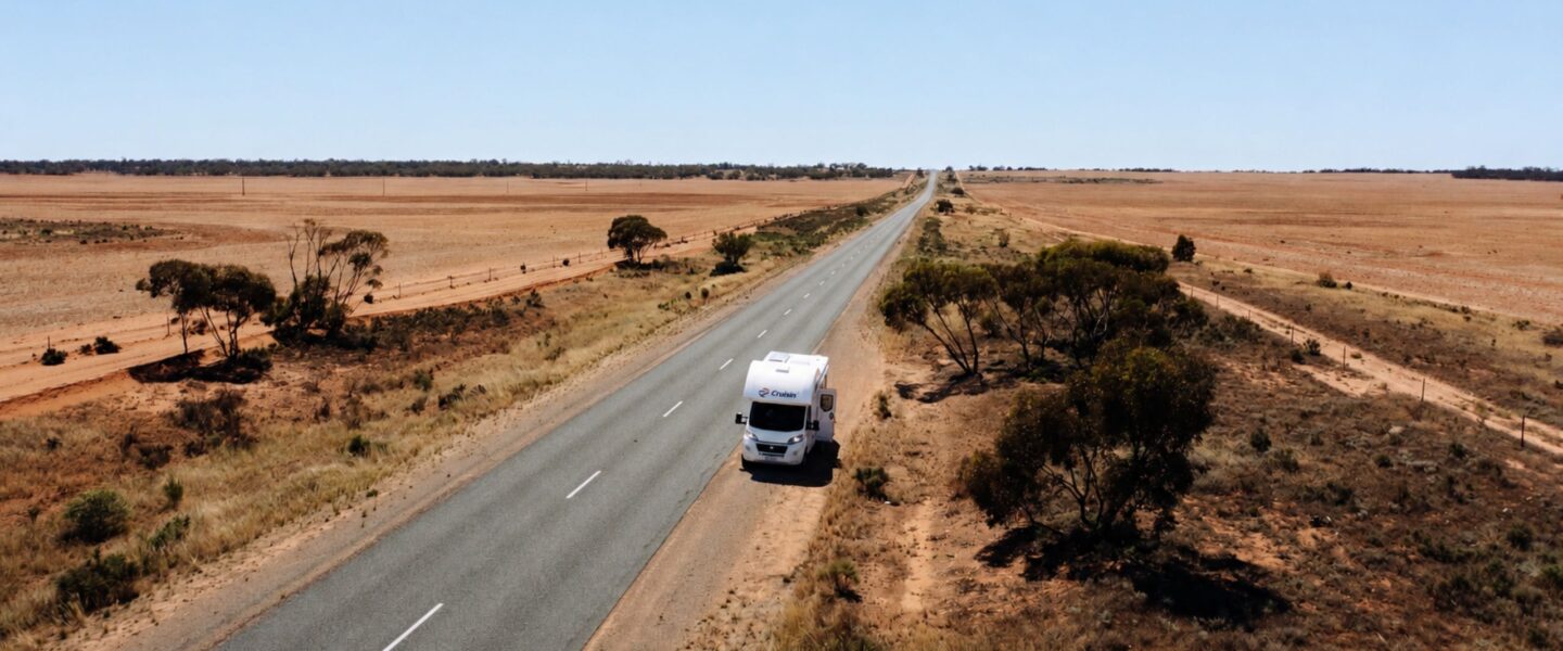 Cruisin' camper staat langs de kant van de weg in Australië, dronebeeld