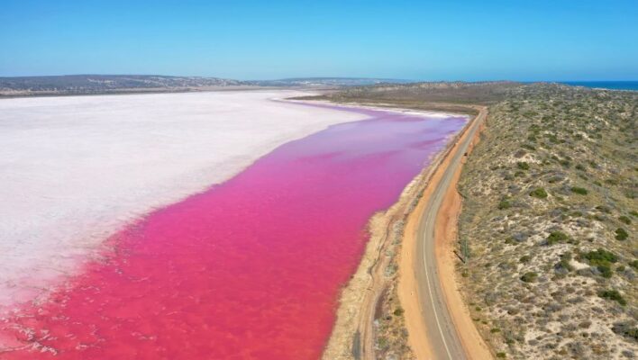 Dronebeeld van Hutt lagoon en het roze meer met een weg erlangs