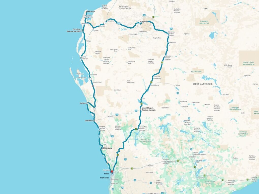 Google Maps kaart met de getekende route van Perth langs de westkust en via Karijini en het binnenland retour