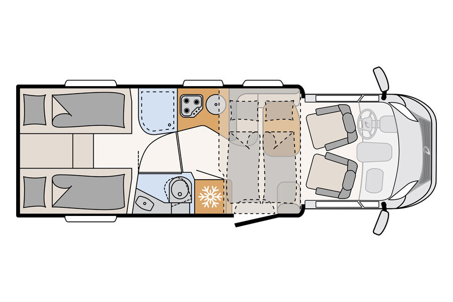 Floorplan layout 1 van de McRent Comfort Plus in Nieuw-Zeeland