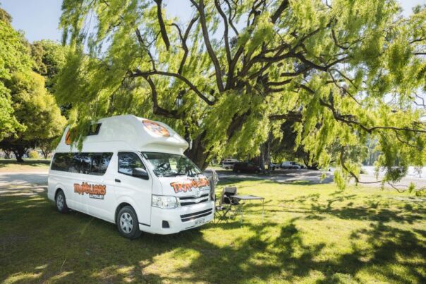 Travellers Autobarn Hi5 staat onder een boom op een camping