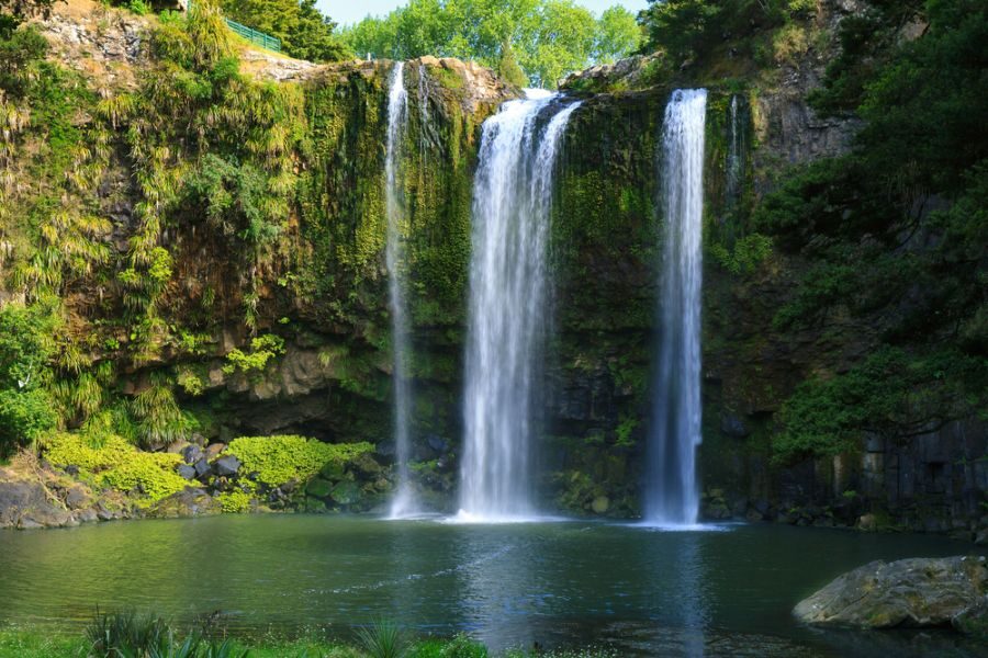 Zicht op de Whangarei Falls en de waterpoel ervoor op het Noordereiland