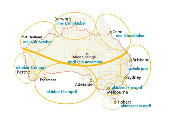 Kaart van Australië waarop met cirkels de beste reisperiode per regio is aangegeven