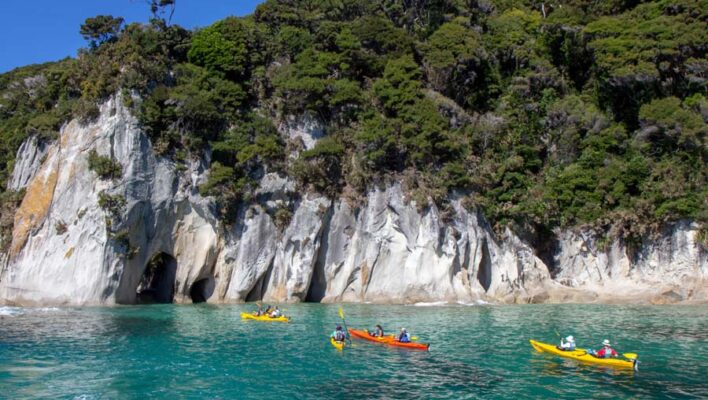 Mensen zijn aan het kayakken op zee bij het Abel Tasman National Park