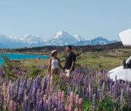 Een koppel staat tussen de lupins naast de Apollo Euro Deluxe camper