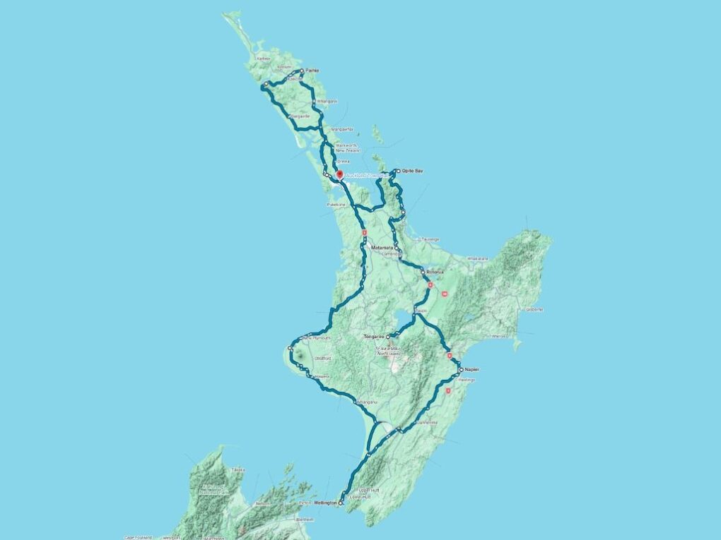 Routekaart van een rondreis op het Noordereiland in Nieuw-Zeeland