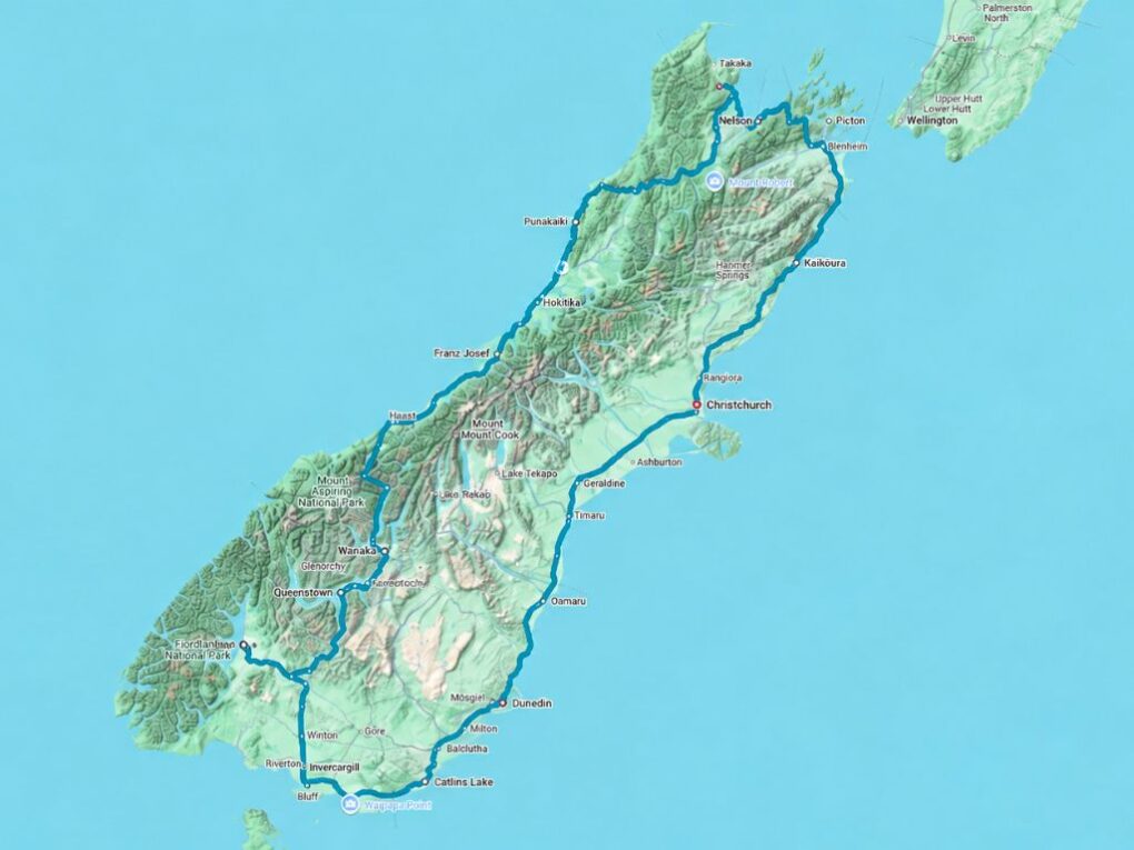 Routekaart voor een rondreis op het Zuidereiland