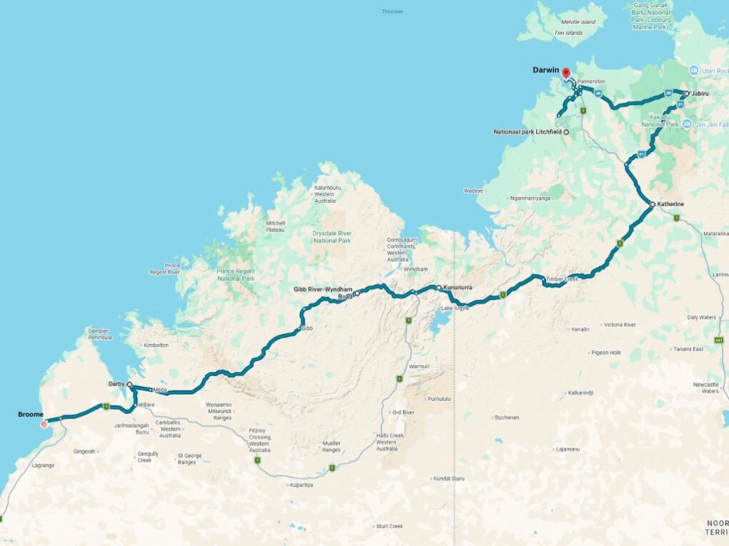 Routekaart van Broome naar Darwin via de Gibb River Road met een 4WD