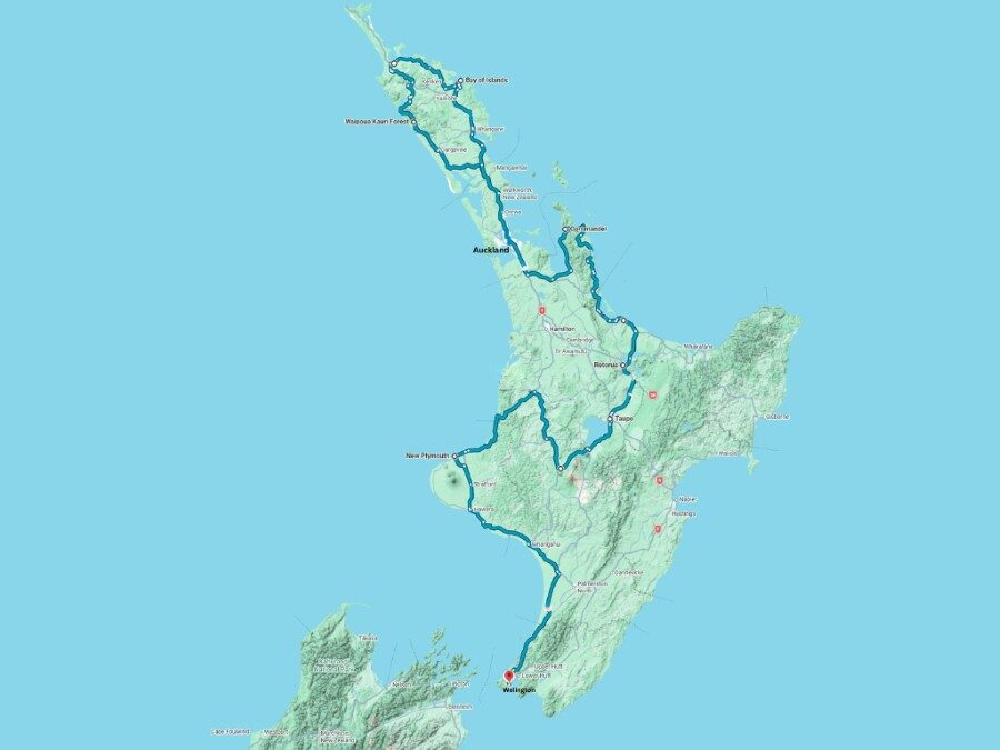 Route van Auckland naar Wellington via Northland, Coromandel, Rotorua en Mount Egmont