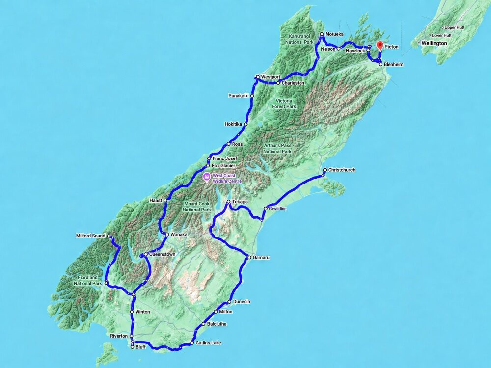 Routekaart Zuidereiland van Christchurch naar Picton via de Westcoast