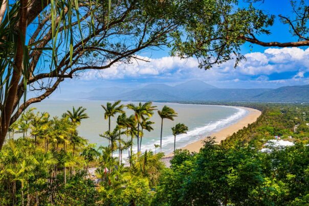 Uitzicht op het 6,5km lange strand met palmbomen van Port Douglas ten noorden van Cairns