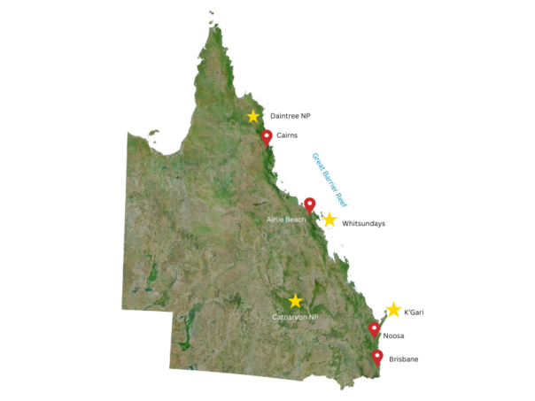 Queensland kaart met highlights