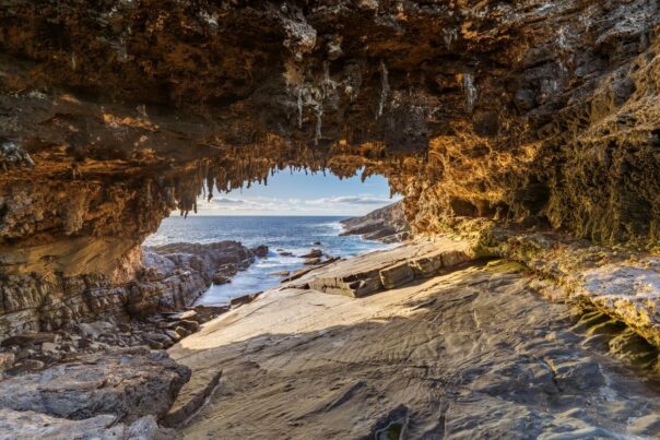 Zicht vanuit de grot Admirals Arch in Flinders Chase national park Kangaroo Island naar de zee