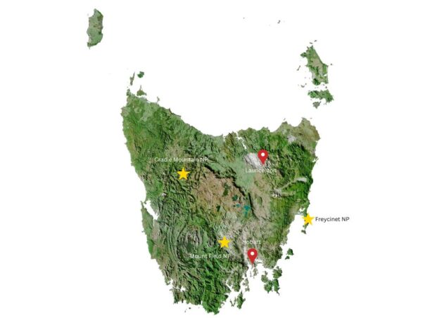 Kaart Tasmania hoogtepunten